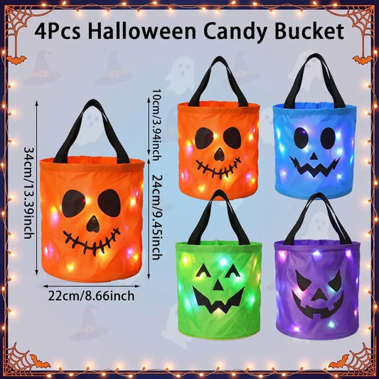 3/4 Pcs Halloween Candy Bucket with LED Lights, 13.39x8.66 Inch Trick or Treat Bags Non Woven Gift Bags Pumpkin Candy Bags Reusable Tote Bags for Kids Students Adults, Night Light Bags for Garden Lawn Decorations, Halloween Christmas Party Favor Supplies