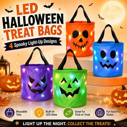 3/4 Pcs Halloween Candy Bucket with LED Lights, 13.39x8.66 Inch Trick or Treat Bags Non Woven Gift Bags Pumpkin Candy Bags Reusable Tote Bags for Kids Students Adults, Night Light Bags for Garden Lawn Decorations, Halloween Christmas Party Favor Supplies