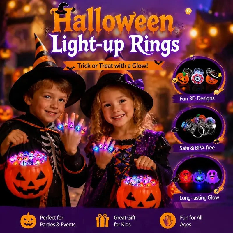 50pcs Glow Flashing LED Halloween Rings with LED Lights, Child Festive Party Favors, Halloween Goody Bag Basket Stuffers Fillers