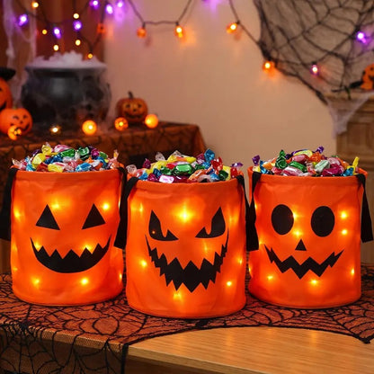 3/4 Pcs Halloween Candy Bucket with LED Lights, 13.39x8.66 Inch Trick or Treat Bags Non Woven Gift Bags Pumpkin Candy Bags Reusable Tote Bags for Kids Students Adults, Night Light Bags for Garden Lawn Decorations, Halloween Christmas Party Favor Supplies