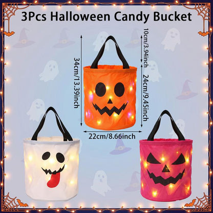 3/4 Pcs Halloween Candy Bucket with LED Lights, 13.39x8.66 Inch Trick or Treat Bags Non Woven Gift Bags Pumpkin Candy Bags Reusable Tote Bags for Kids Students Adults, Night Light Bags for Garden Lawn Decorations, Halloween Christmas Party Favor Supplies