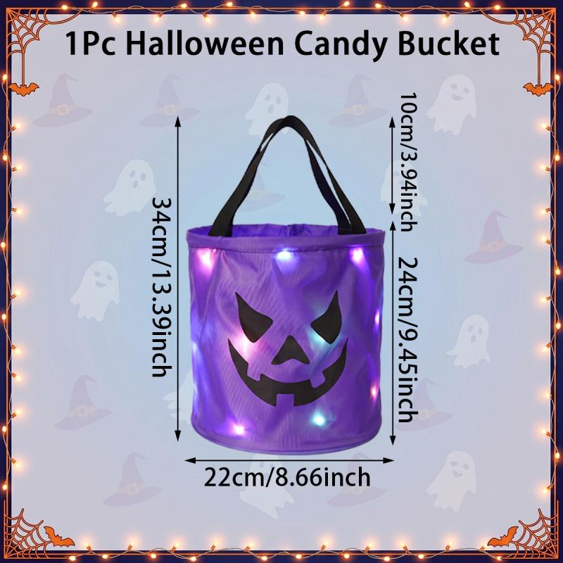 3/4 Pcs Halloween Candy Bucket with LED Lights, 13.39x8.66 Inch Trick or Treat Bags Non Woven Gift Bags Pumpkin Candy Bags Reusable Tote Bags for Kids Students Adults, Night Light Bags for Garden Lawn Decorations, Halloween Christmas Party Favor Supplies
